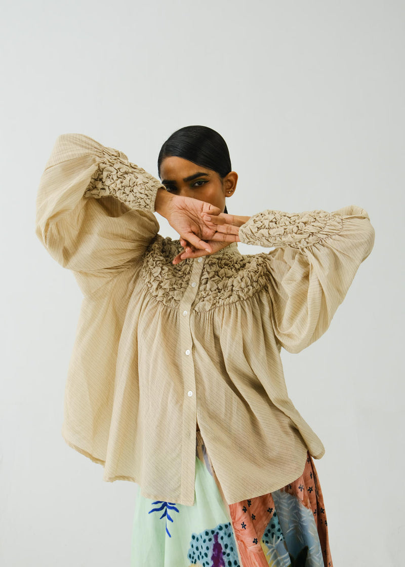 Roosted Shirt-IVORY (ELASTIC SMOCKING) cotton by CORD for women in Singapore