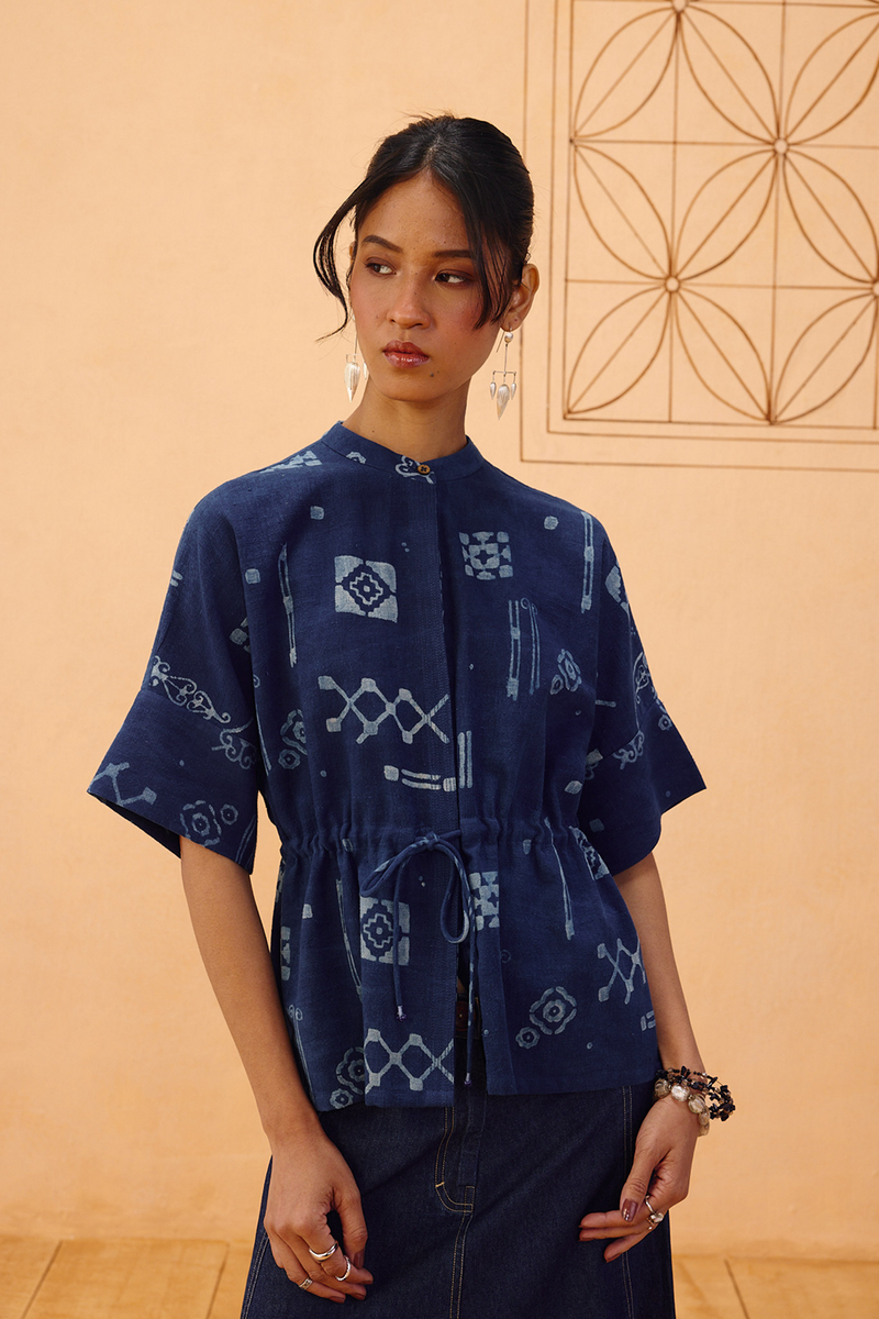 Rooted Beginnings Kala Cotton Peplum Top handwoven kala cotton top/shirt by SUI in indigo for women in Singapore
