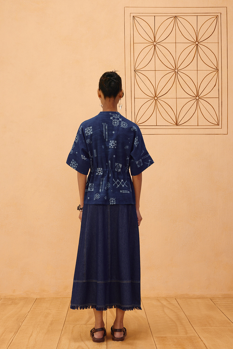Rooted Beginnings Kala Cotton Peplum Top handwoven kala cotton top/shirt by SUI in indigo for women in Singapore