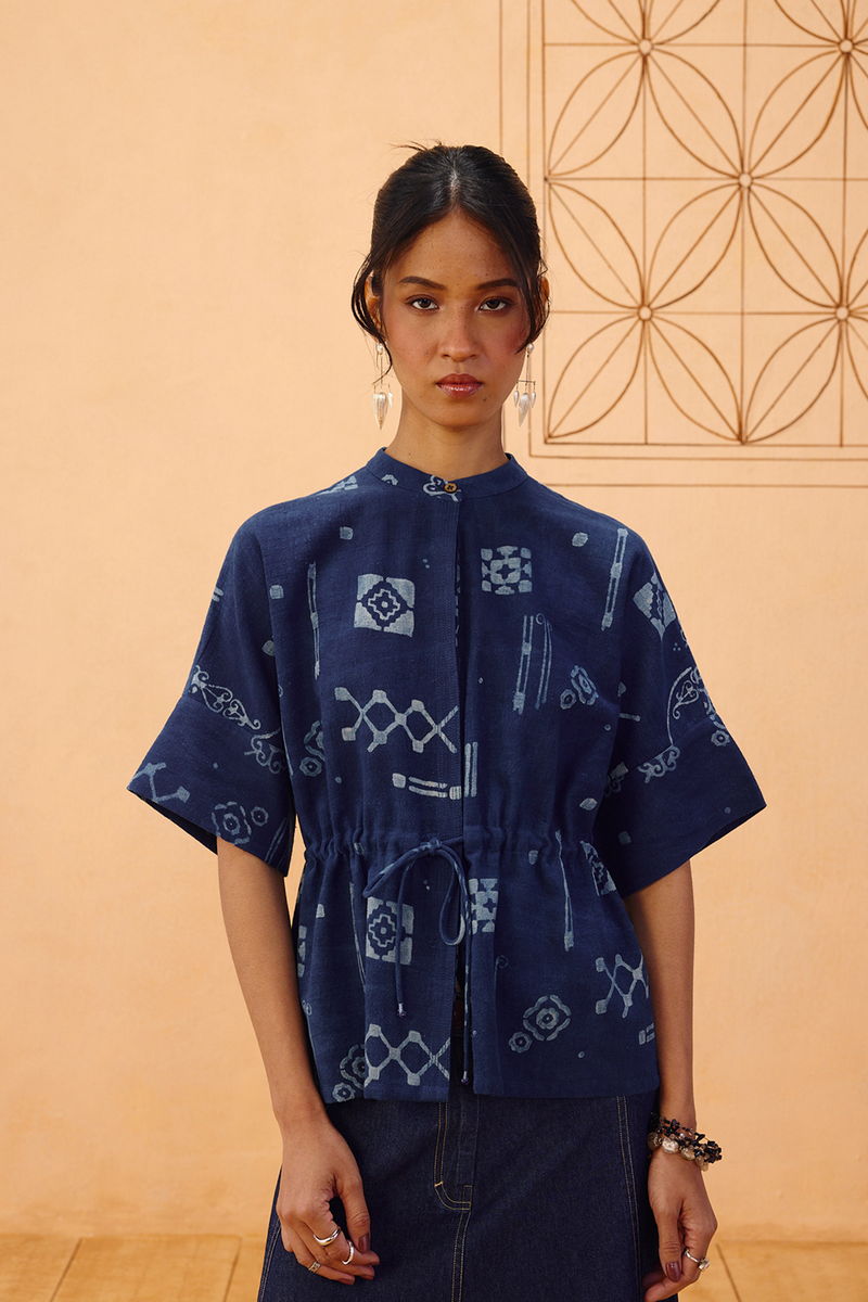 Rooted Beginnings Kala Cotton Peplum Top handwoven kala cotton top/shirt by SUI in indigo for women in Singapore
