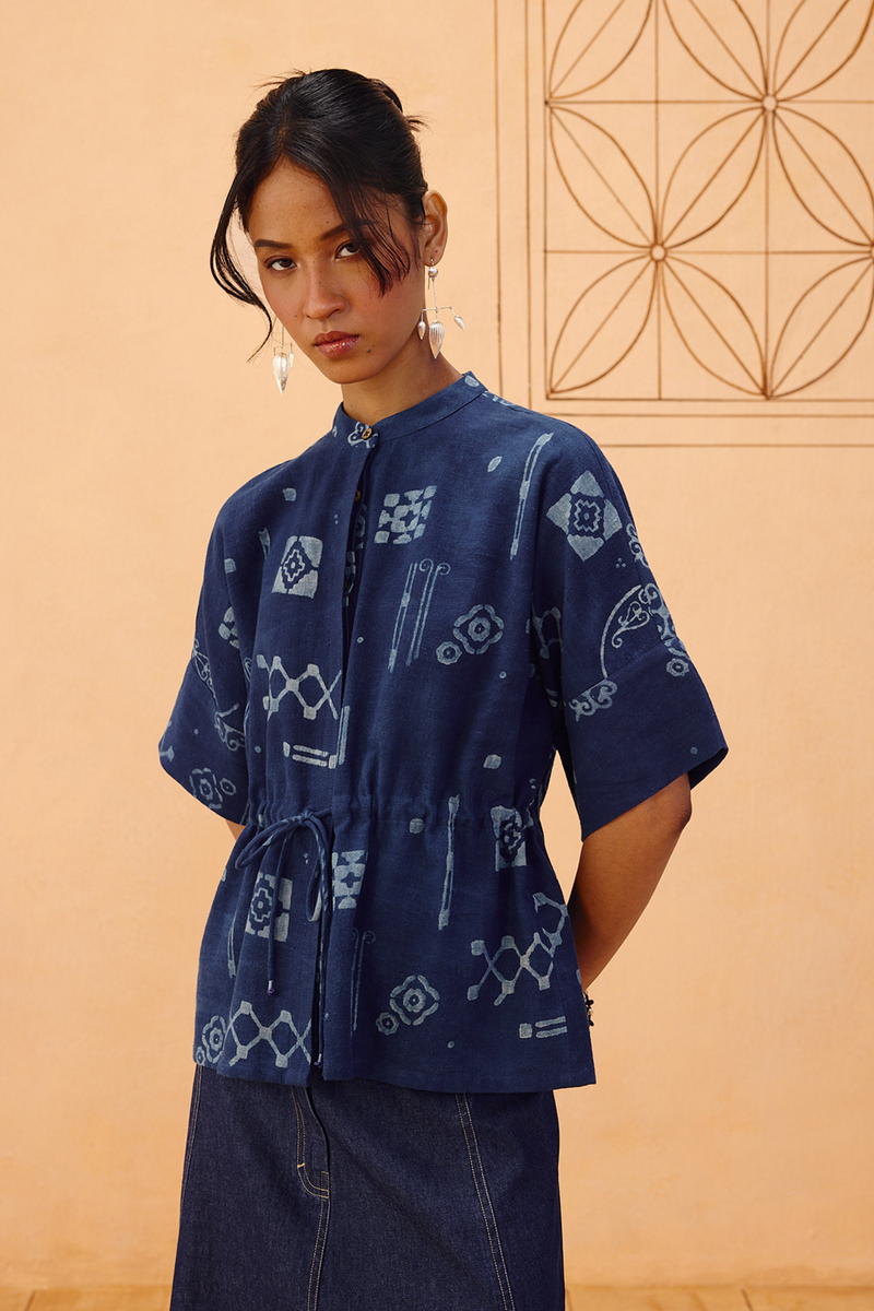 Rooted Beginnings Kala Cotton Peplum Top handwoven kala cotton top/shirt by SUI in indigo for women in Singapore