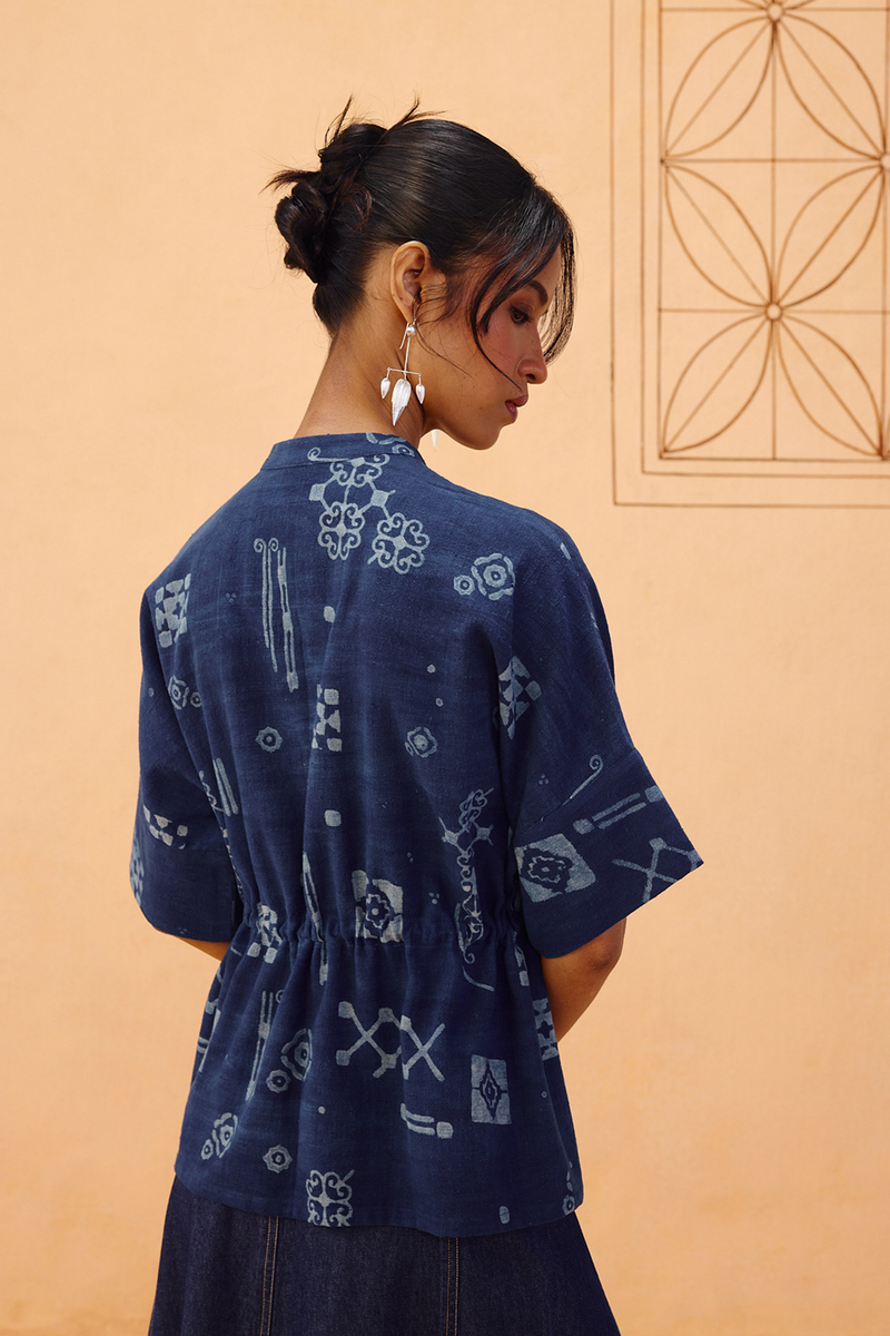 Rooted Beginnings Kala Cotton Peplum Top handwoven kala cotton top/shirt by SUI in indigo for women in Singapore