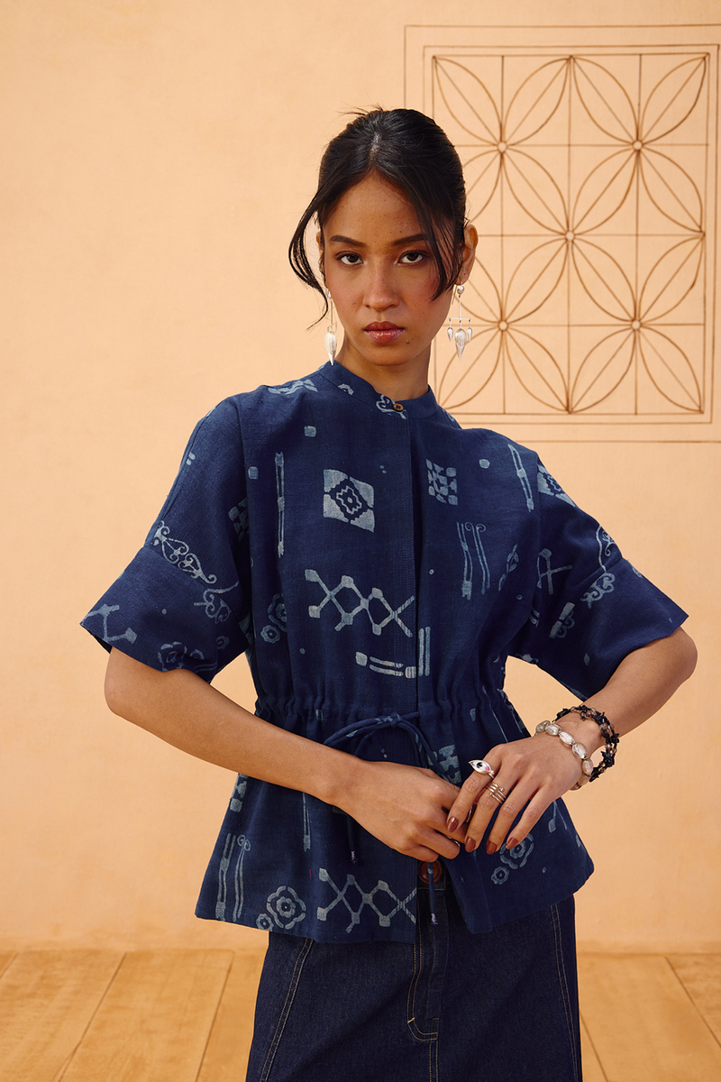 Rooted Beginnings Kala Cotton Peplum Top handwoven kala cotton top/shirt by SUI in indigo for women in Singapore