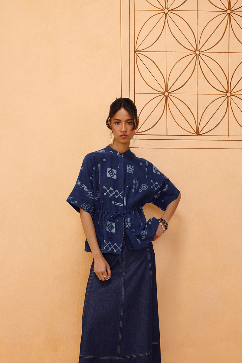 Rooted Beginnings Kala Cotton Peplum Top handwoven kala cotton top/shirt by SUI in indigo for women in Singapore