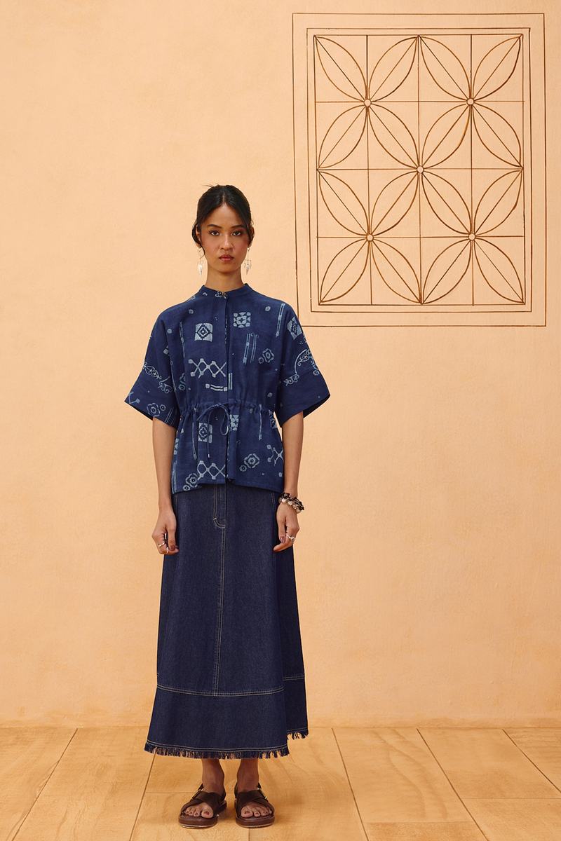 Rooted Beginnings Kala Cotton Peplum Top handwoven kala cotton top/shirt by SUI in indigo for women in Singapore
