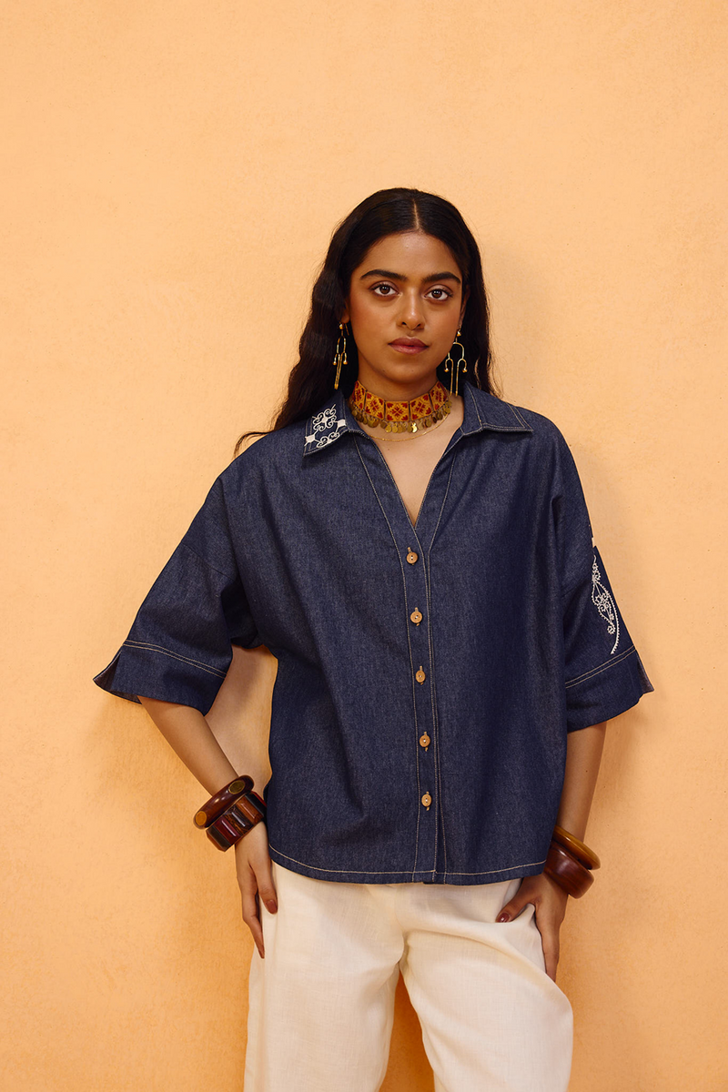 Rooted Sustainable Denim Shirt denim top/shirt by SUI in blue for women in Singapore