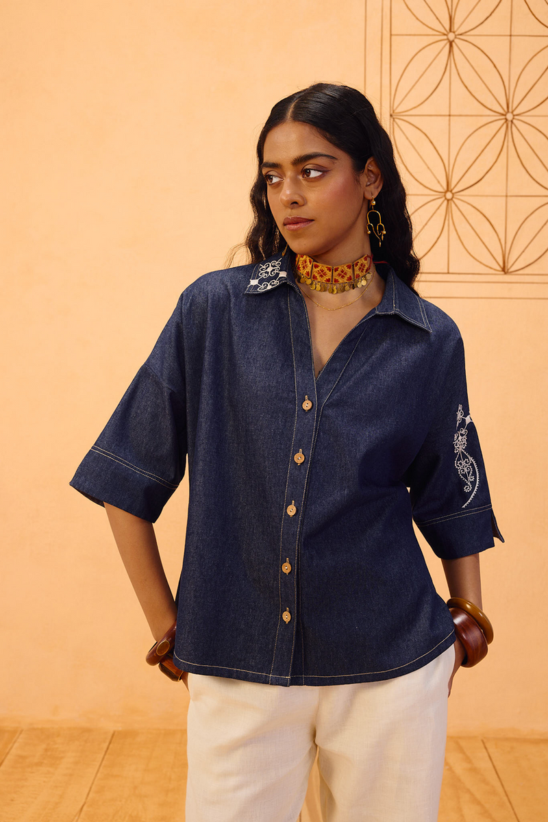 Rooted Sustainable Denim Shirt denim top/shirt by SUI in blue for women in Singapore