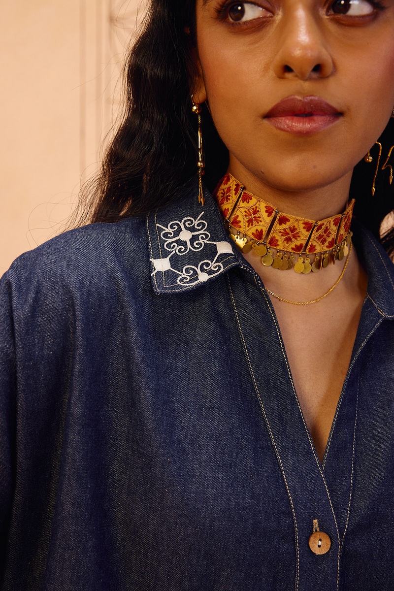 Rooted Sustainable Denim Shirt denim top/shirt by SUI in blue for women in Singapore