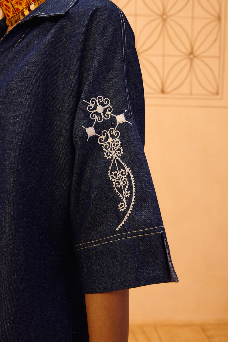 Rooted Sustainable Denim Shirt denim top/shirt by SUI in blue for women in Singapore