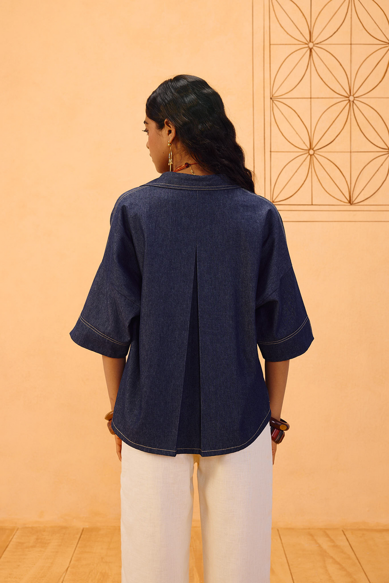 Rooted Sustainable Denim Shirt denim top/shirt by SUI in blue for women in Singapore