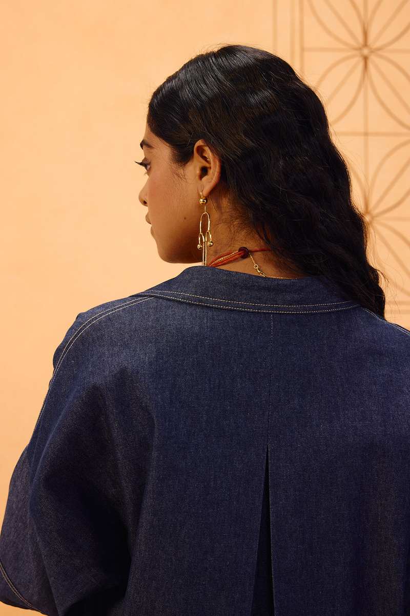 Rooted Sustainable Denim Shirt denim top/shirt by SUI in blue for women in Singapore