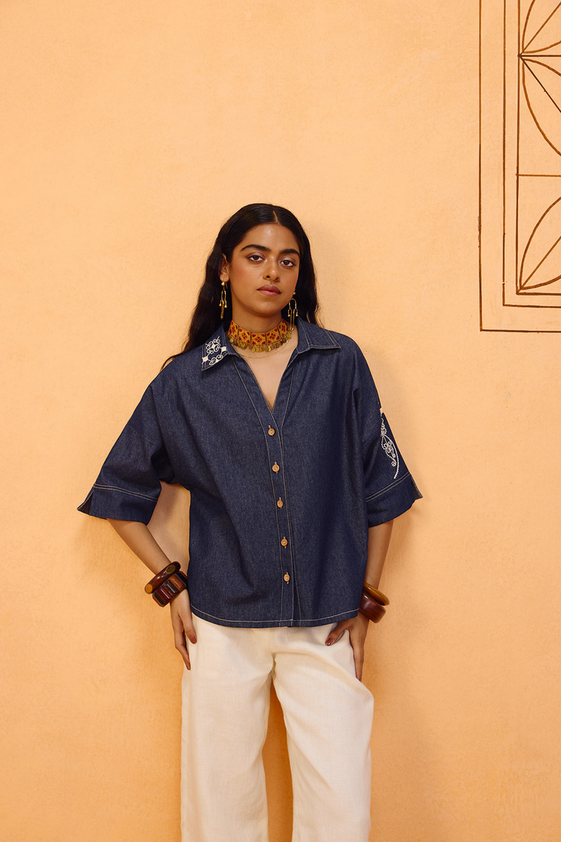 Rooted Sustainable Denim Shirt denim top/shirt by SUI in blue for women in Singapore