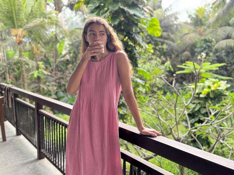 Minimal Dress — Rose Pleated cotton by World of Crow in pink color for women in Singapore