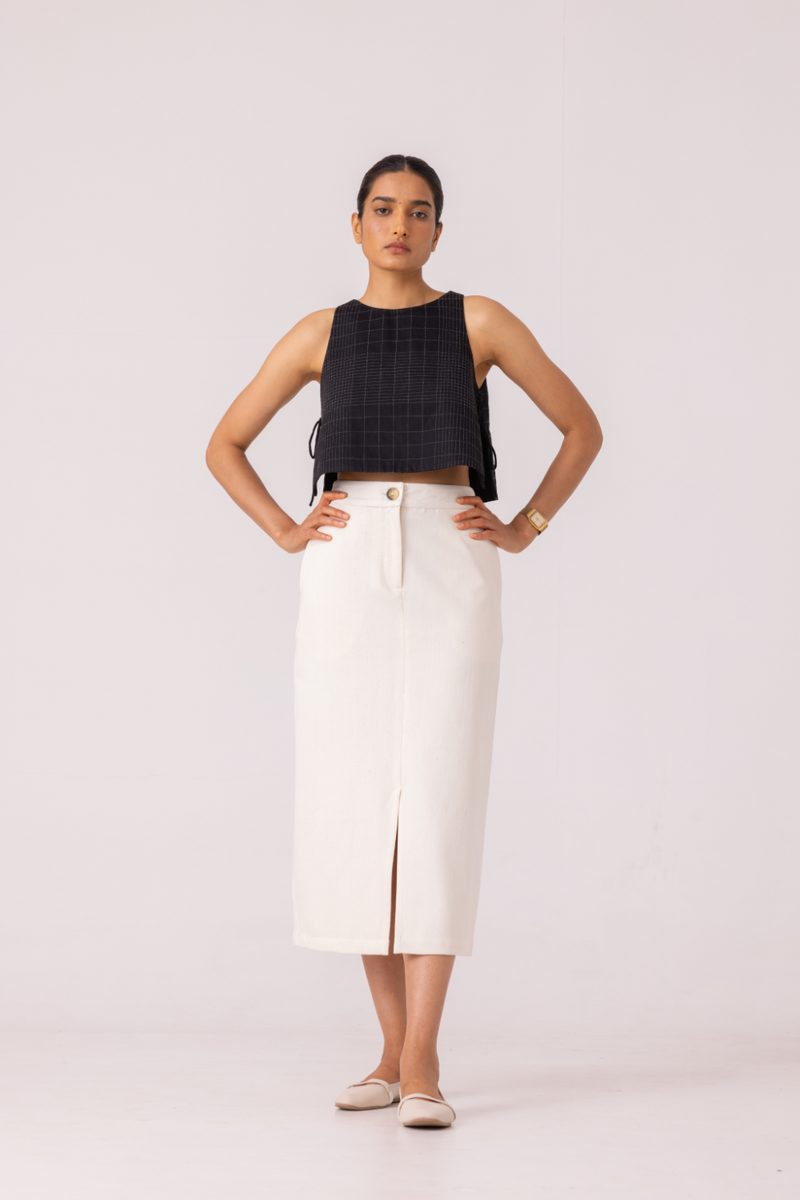 Roxanne Off White Handwoven Denim Skirt khadi denim by The Summer House for women in Singapore