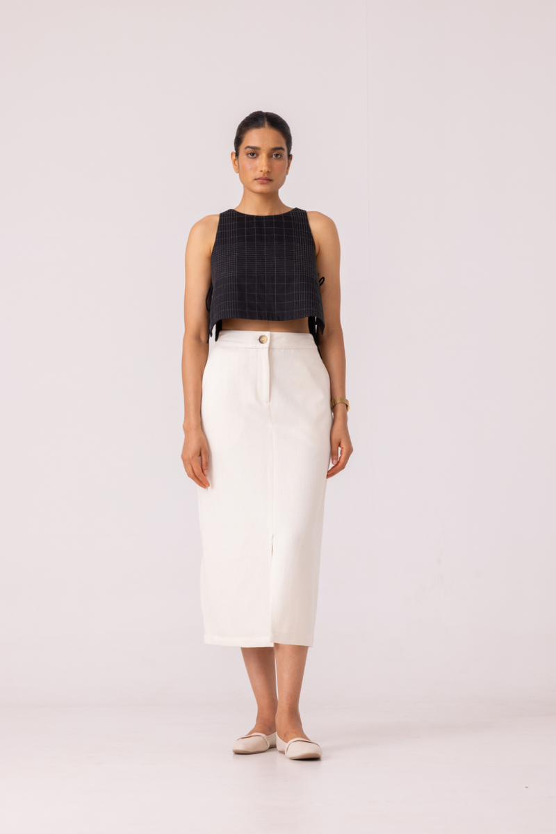Roxanne Off White Handwoven Denim Skirt khadi denim by The Summer House for women in Singapore