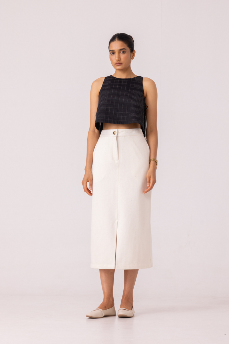 Roxanne Off White Handwoven Denim Skirt khadi denim by The Summer House for women in Singapore