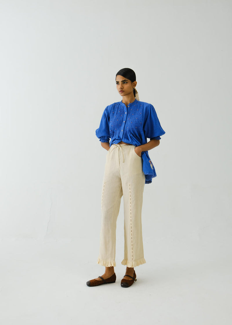 Ruffle Pants-Ivory linen by CORD for women in Singapore