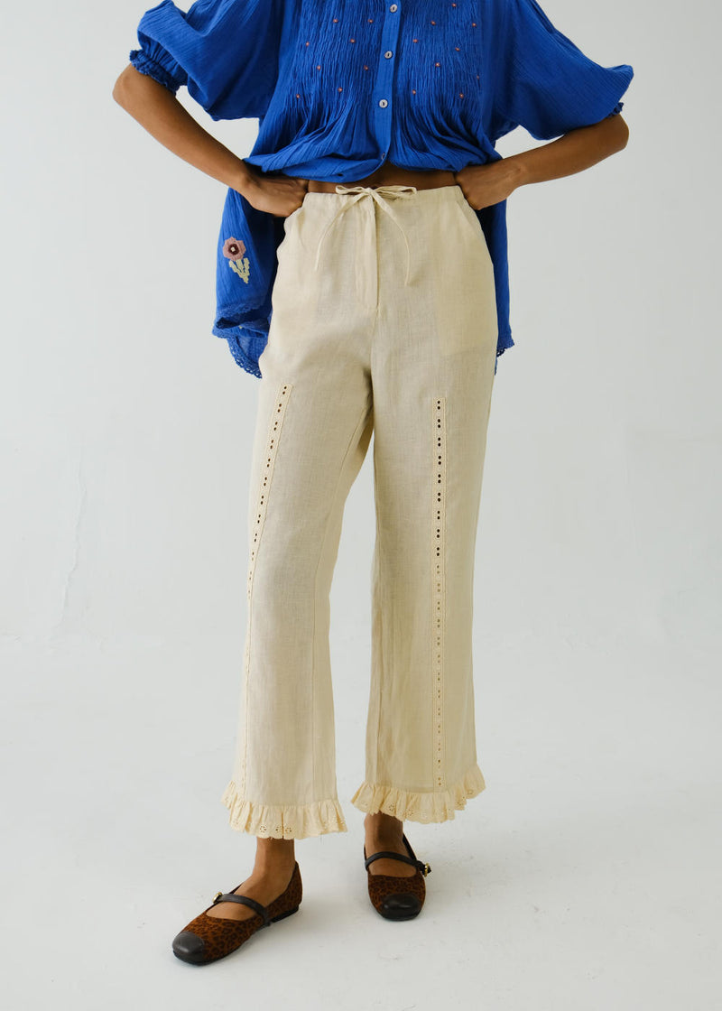 Ruffle Pants-Ivory linen by CORD for women in Singapore