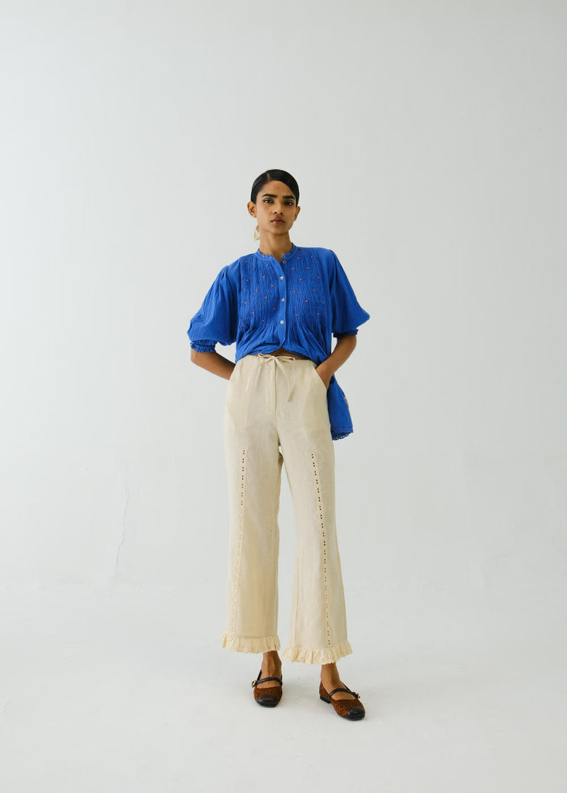 Ruffle Pants-Ivory linen by CORD for women in Singapore