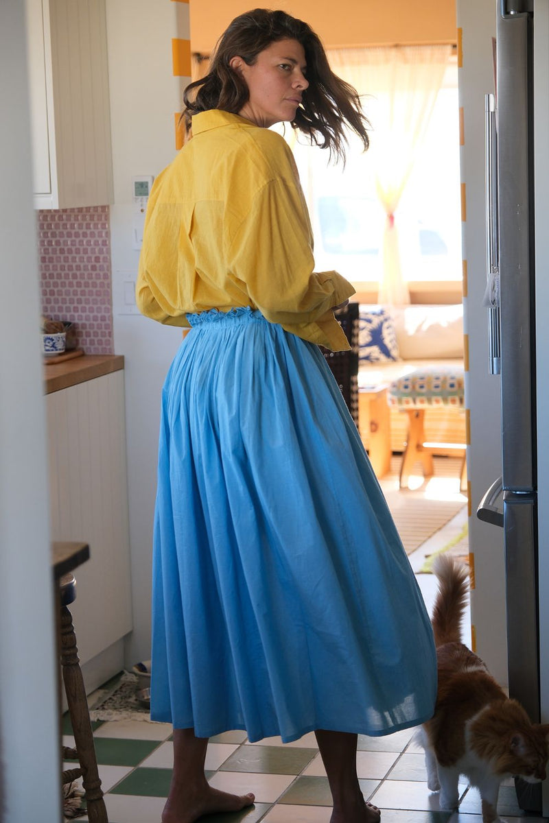 Ruffle Waist Skirt — Sky Blue fine muslin cotton skirt by World of Crow in blue for women in Singapore