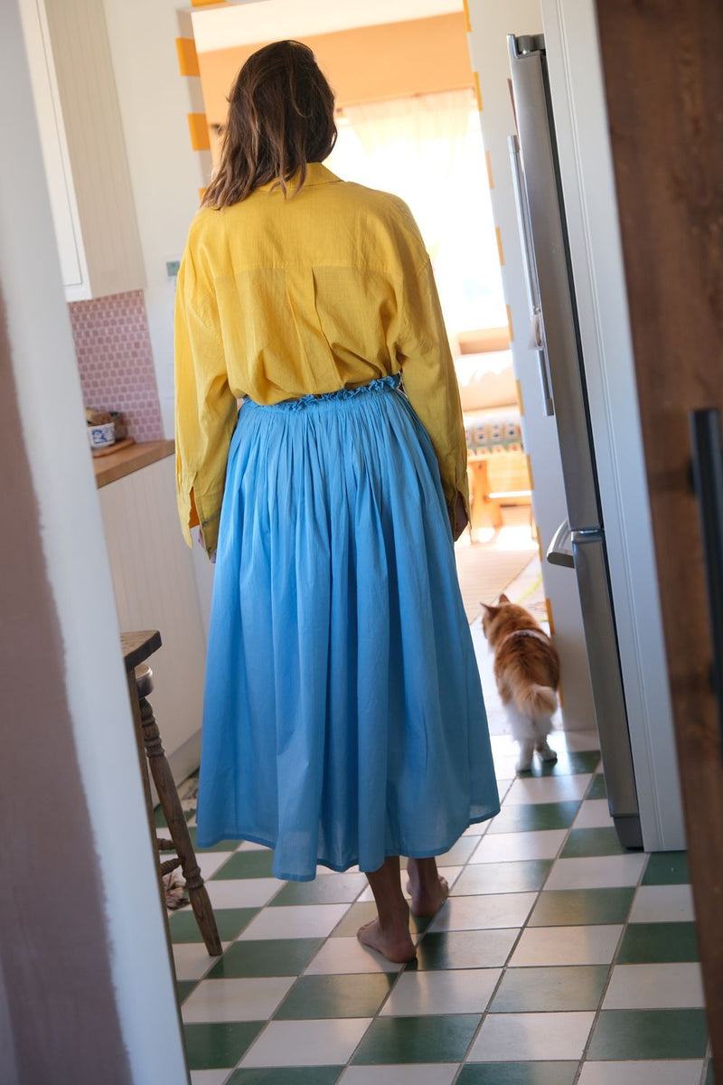 Ruffle Waist Skirt — Sky Blue fine muslin cotton skirt by World of Crow in blue for women in Singapore