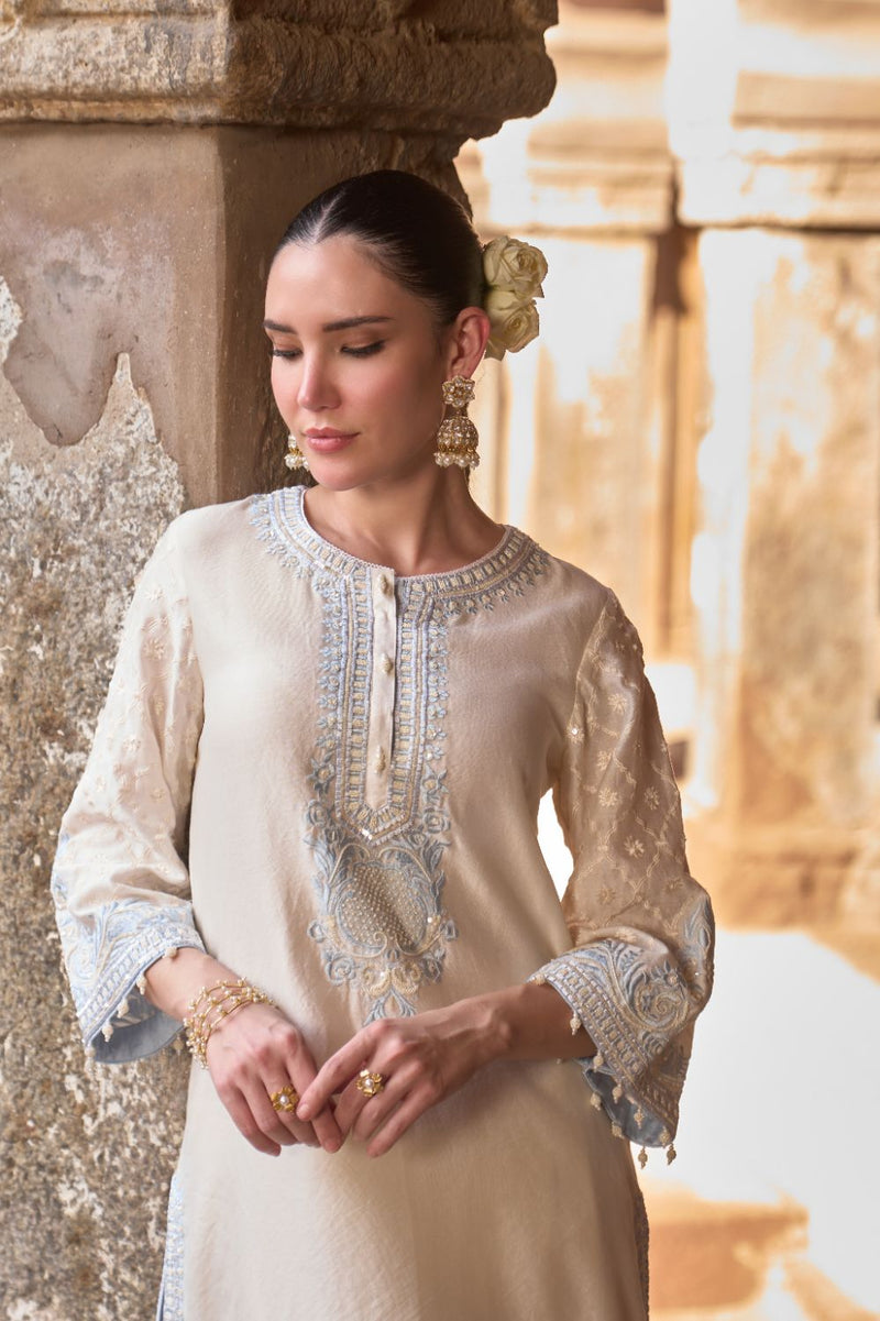 RUHI - DAISY IVORY WITH BLUE SHORT KURTA AND DHOTI silk chanderi kurta/kurta set by SHEETAL BATRA in daisy ivory with blue for women in Singapore