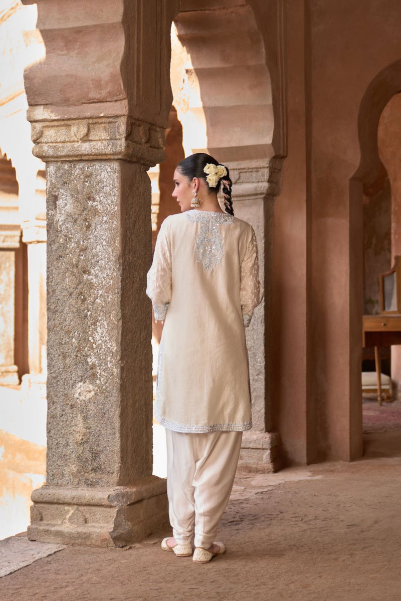 RUHI - DAISY IVORY WITH BLUE SHORT KURTA AND DHOTI silk chanderi kurta/kurta set by SHEETAL BATRA in daisy ivory with blue for women in Singapore