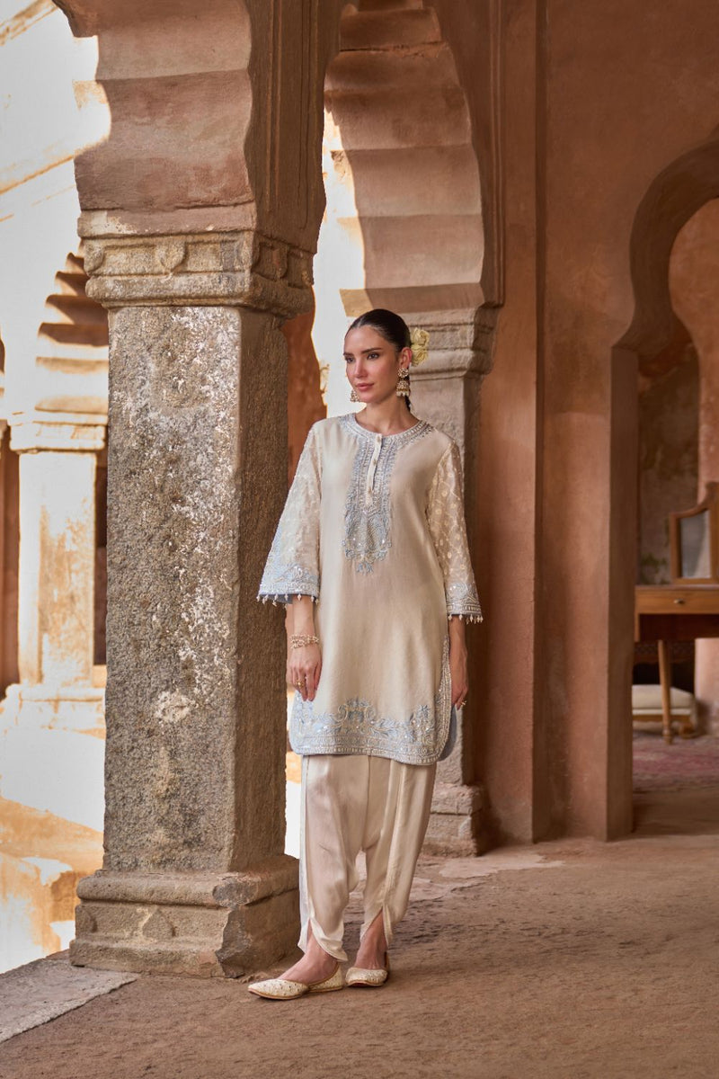 RUHI - DAISY IVORY WITH BLUE SHORT KURTA AND DHOTI silk chanderi kurta/kurta set by SHEETAL BATRA in daisy ivory with blue for women in Singapore