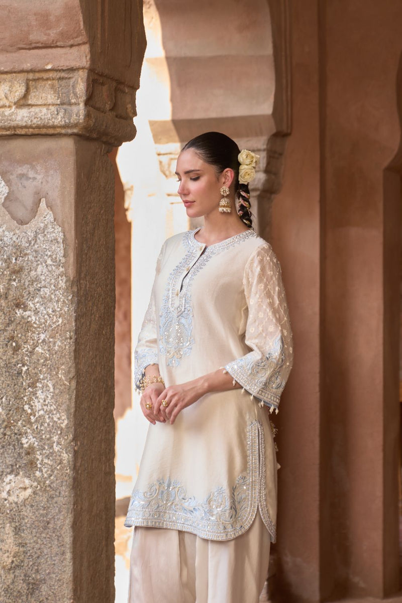 RUHI - DAISY IVORY WITH BLUE SHORT KURTA AND DHOTI silk chanderi kurta/kurta set by SHEETAL BATRA in daisy ivory with blue for women in Singapore