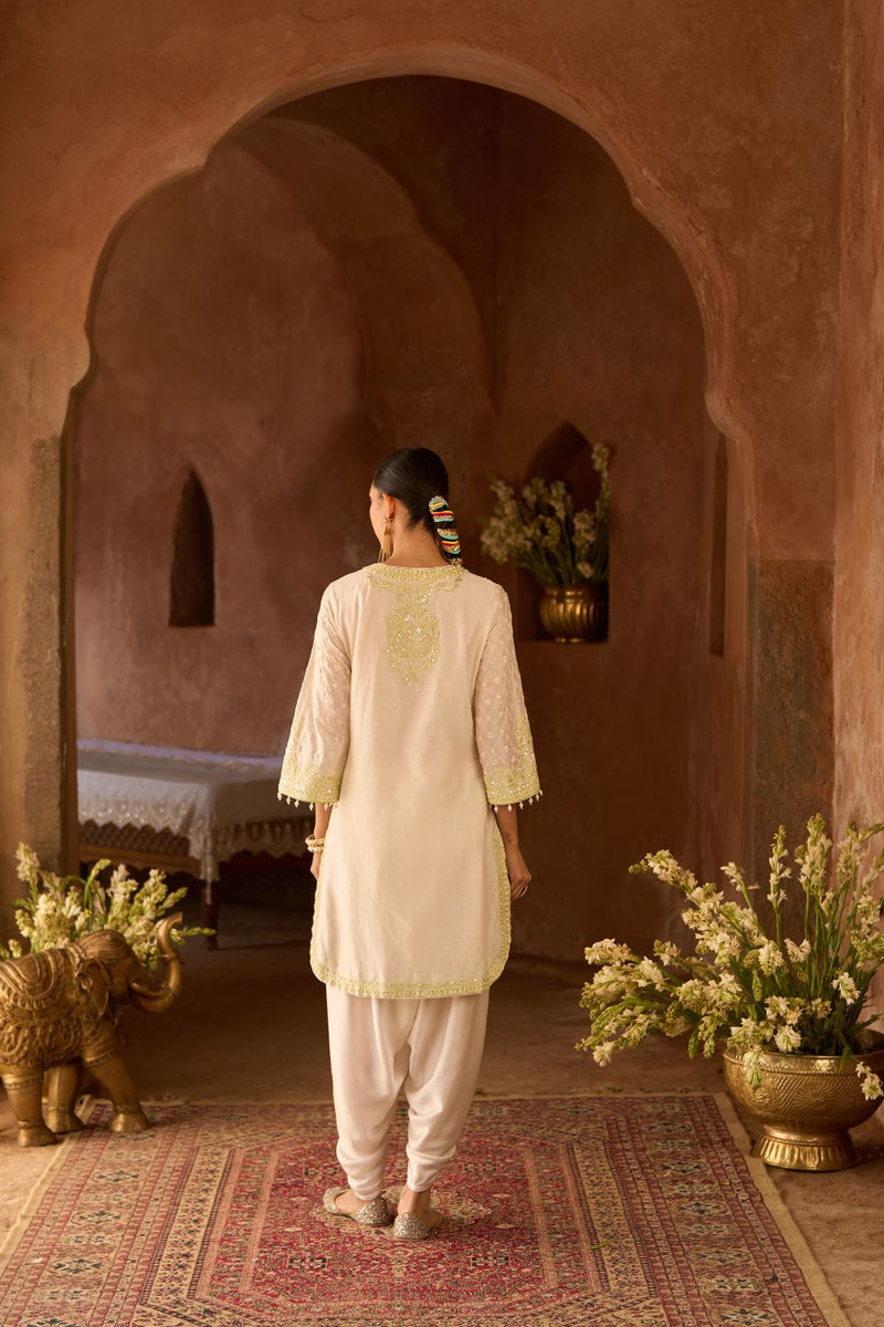 RUHI - DAISY IVORY WITH MINT GREEN SHORT KURTA AND DHOTI silk chanderi kurta/kurta set by SHEETAL BATRA in daisy ivory with mint green for women in Singapore