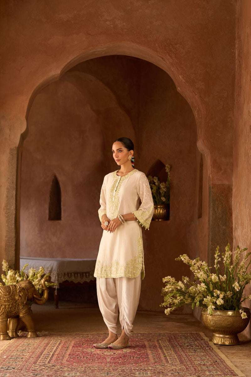 RUHI - DAISY IVORY WITH MINT GREEN SHORT KURTA AND DHOTI silk chanderi kurta/kurta set by SHEETAL BATRA in daisy ivory with mint green for women in Singapore