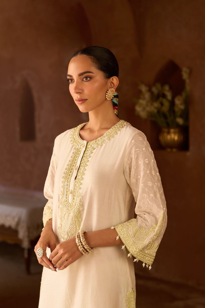 RUHI - DAISY IVORY WITH MINT GREEN SHORT KURTA AND DHOTI silk chanderi kurta/kurta set by SHEETAL BATRA in daisy ivory with mint green for women in Singapore