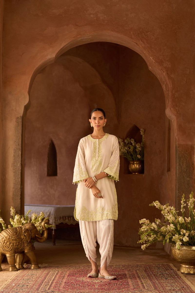 RUHI - DAISY IVORY WITH MINT GREEN SHORT KURTA AND DHOTI silk chanderi kurta/kurta set by SHEETAL BATRA in daisy ivory with mint green for women in Singapore