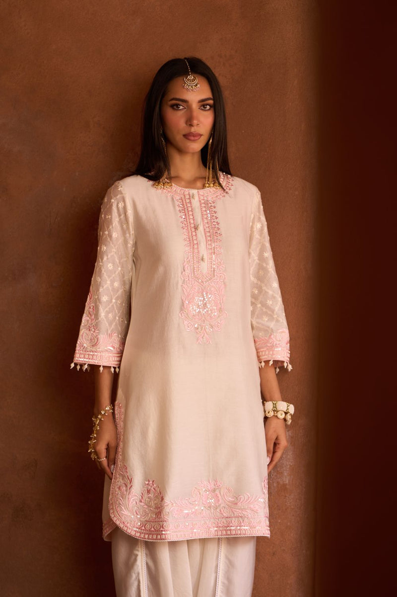 RUHI - DAISY IVORY WITH PINK SHORT KURTA AND DHOTI silk chanderi kurta/kurta set by SHEETAL BATRA in daisy ivory with pink for women in Singapore