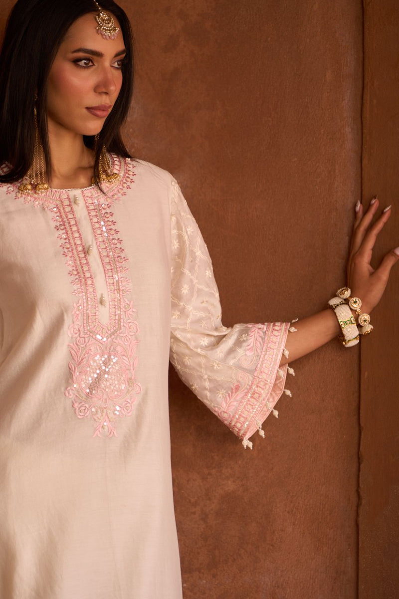 RUHI - DAISY IVORY WITH PINK SHORT KURTA AND DHOTI silk chanderi kurta/kurta set by SHEETAL BATRA in daisy ivory with pink for women in Singapore