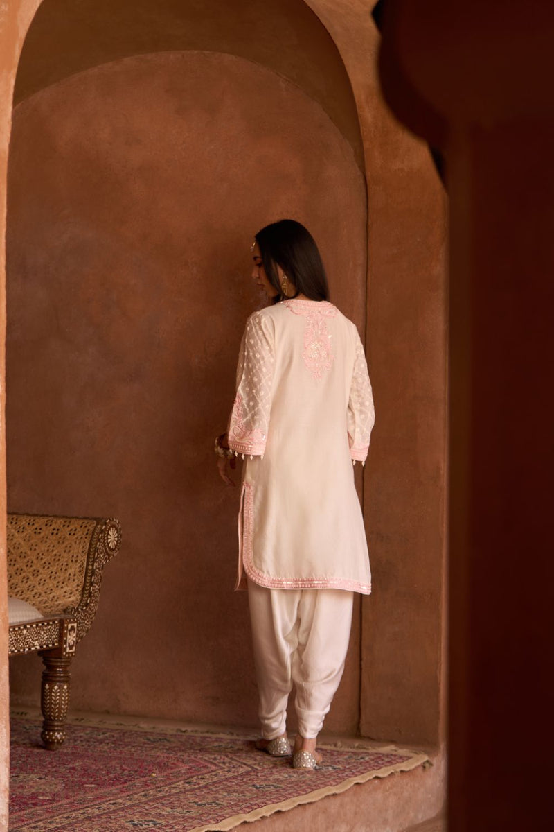 RUHI - DAISY IVORY WITH PINK SHORT KURTA AND DHOTI silk chanderi kurta/kurta set by SHEETAL BATRA in daisy ivory with pink for women in Singapore