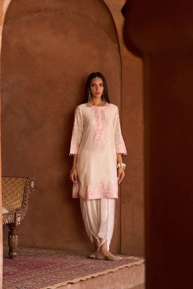 RUHI - DAISY IVORY WITH PINK SHORT KURTA AND DHOTI silk chanderi kurta/kurta set by SHEETAL BATRA in daisy ivory with pink for women in Singapore