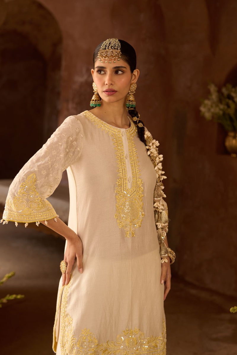 RUHI - DAISY IVORY WITH LEMON YELLOW SHORT KURTA AND DHOTI silk chanderi kurta/kurta set by SHEETAL BATRA in daisy ivory with lemon yellow for women in Singapore