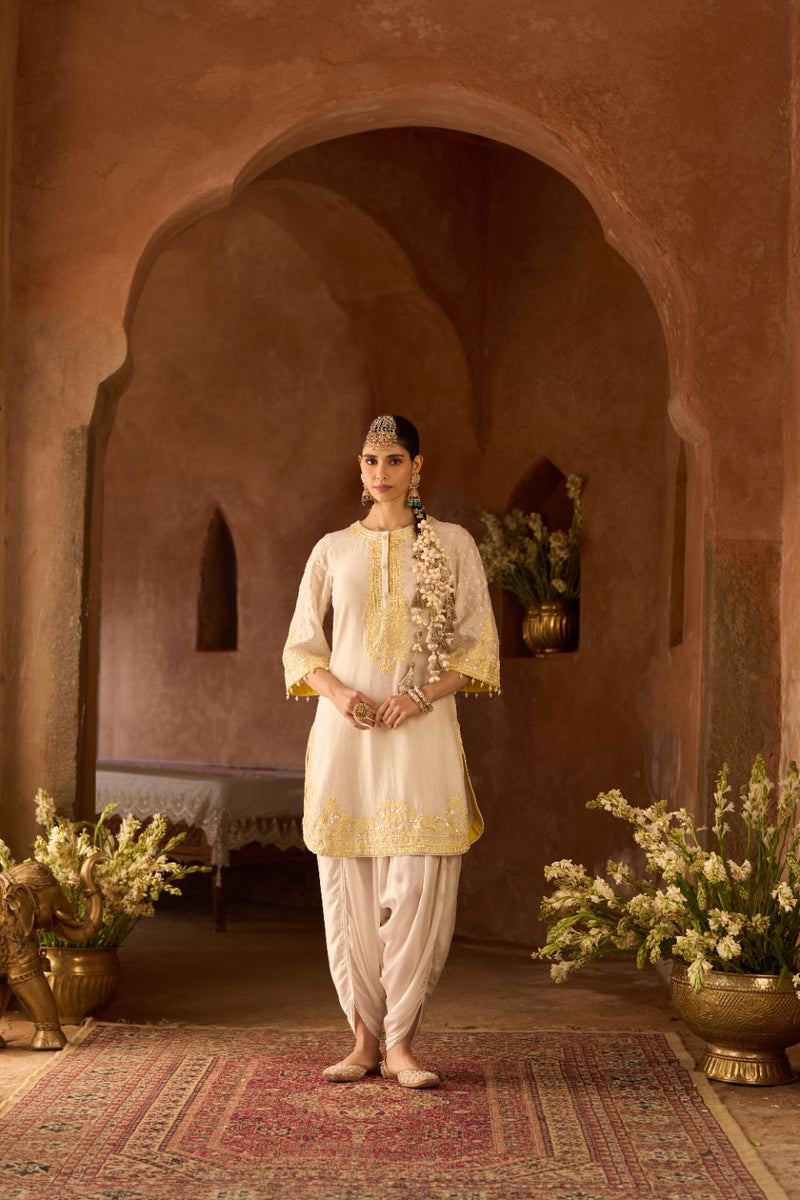 RUHI - DAISY IVORY WITH LEMON YELLOW SHORT KURTA AND DHOTI silk chanderi kurta/kurta set by SHEETAL BATRA in daisy ivory with lemon yellow for women in Singapore