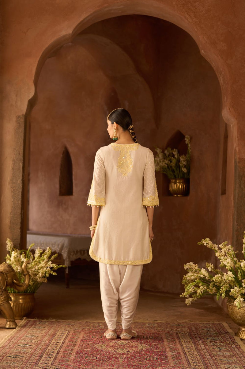 RUHI - DAISY IVORY WITH LEMON YELLOW SHORT KURTA AND DHOTI silk chanderi kurta/kurta set by SHEETAL BATRA in daisy ivory with lemon yellow for women in Singapore