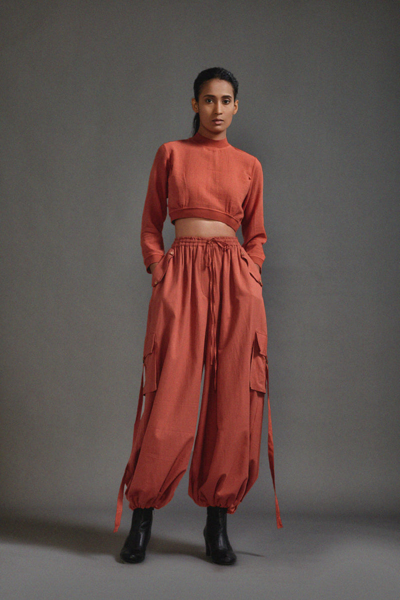 Rust Crop Top and Cargo Set cotton by Mati in rust color for women in Singapore