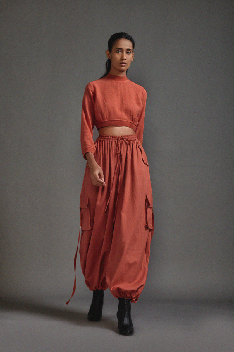 Rust Crop Top and Cargo Set cotton by Mati in rust color for women in Singapore