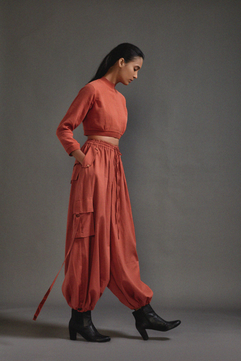 Rust Crop Top and Cargo Set cotton by Mati in rust color for women in Singapore