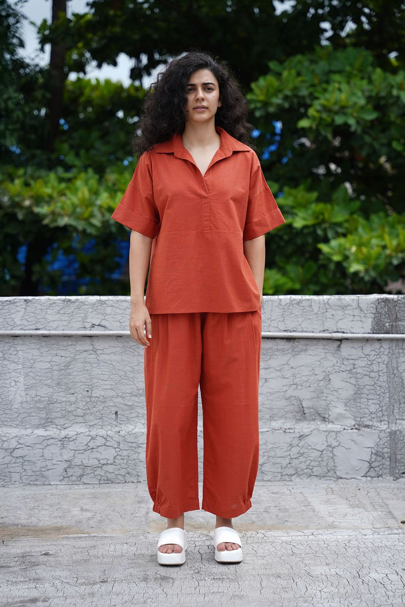 Rust Ekin Shirt & Hera Cotton Co-Ord Set (2 PCS) cotton by Mati in rust color for women in Singapore