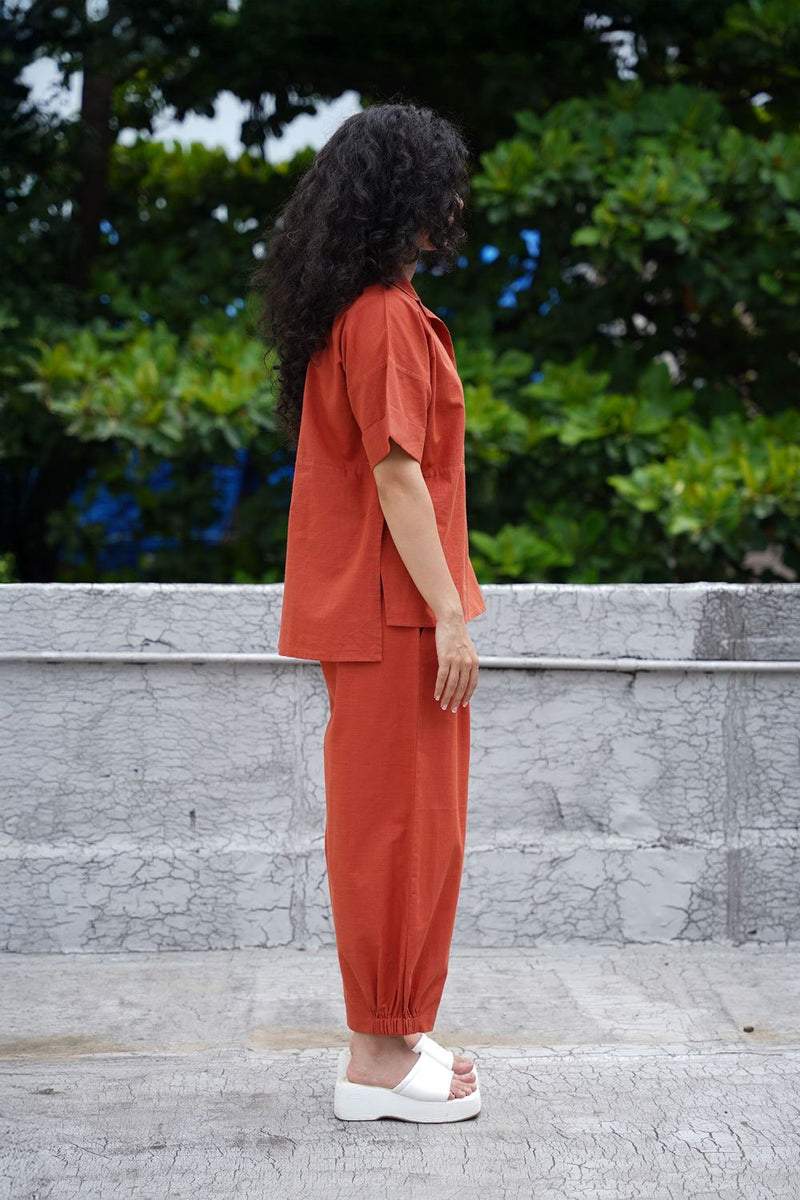 Rust Ekin Shirt & Hera Cotton Co-Ord Set (2 PCS) cotton by Mati in rust color for women in Singapore