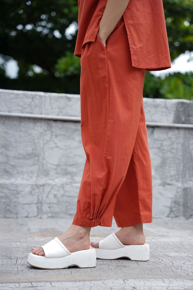 Rust Ekin Shirt & Hera Cotton Co-Ord Set (2 PCS) cotton by Mati in rust color for women in Singapore