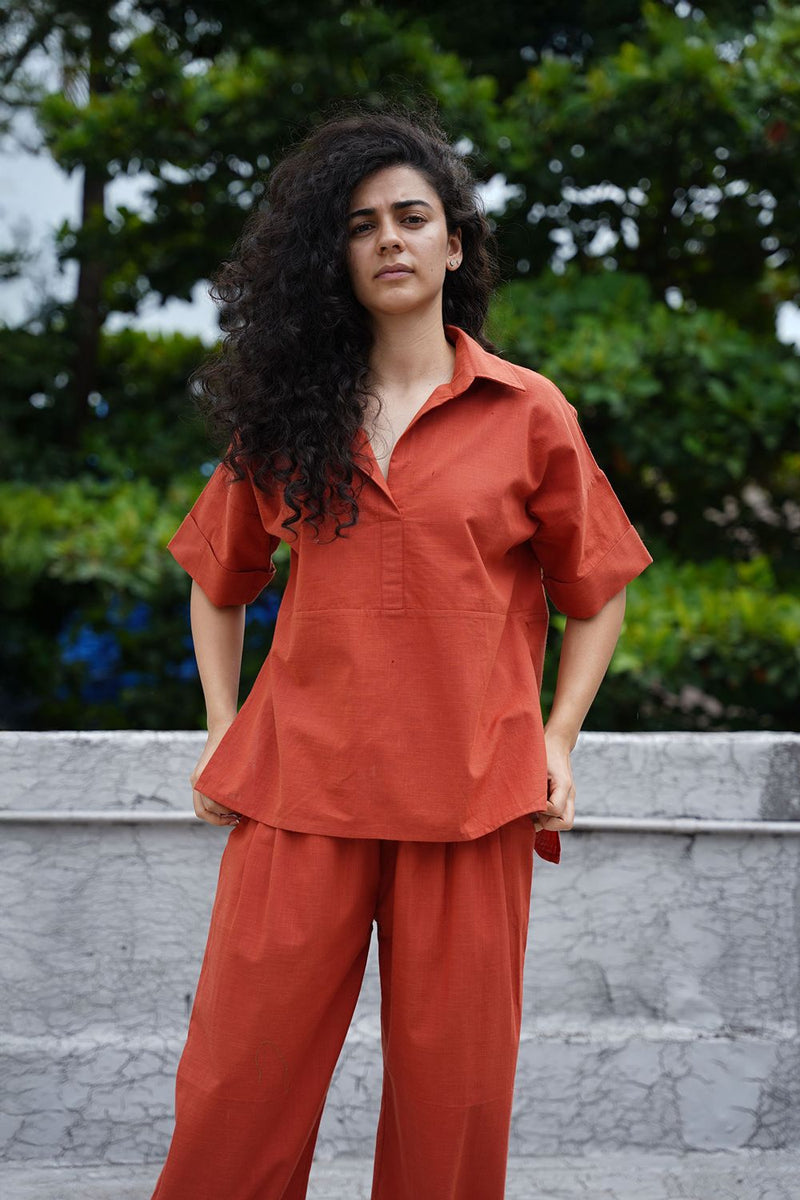 Rust Ekin Shirt & Hera Cotton Co-Ord Set (2 PCS) cotton by Mati in rust color for women in Singapore