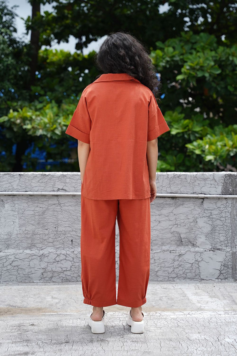 Rust Ekin Shirt & Hera Cotton Co-Ord Set (2 PCS) cotton by Mati in rust color for women in Singapore