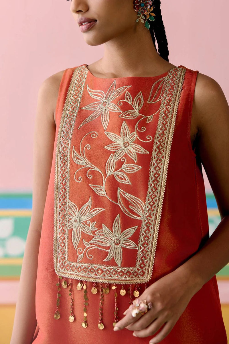 Rust Embroidered Sleeveless Kurta Set tissue Buy Rust Embroidered Sleeveless Kurta Set from C&W | Light Kurta Sets for Women by Label Mogra in rust color for women in Singapore