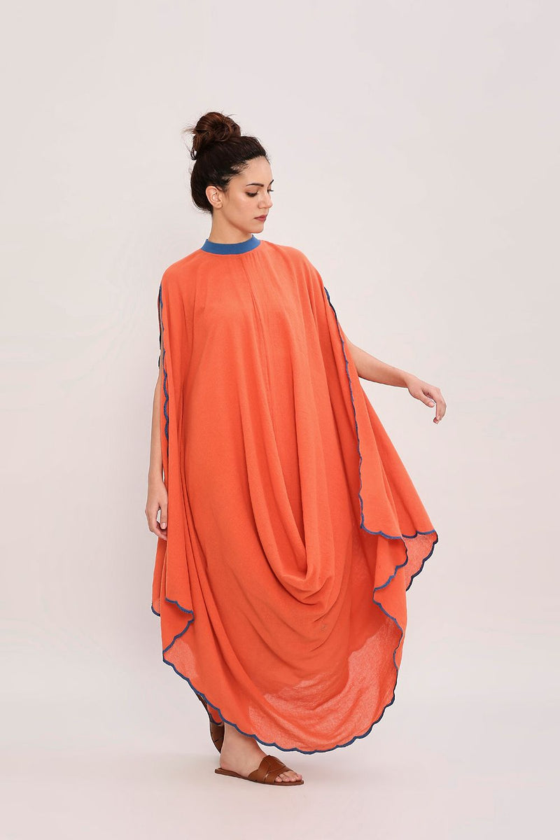 Rust Ribbed Scallop Cowl Dress cotton by Mati in rust color for women in Singapore